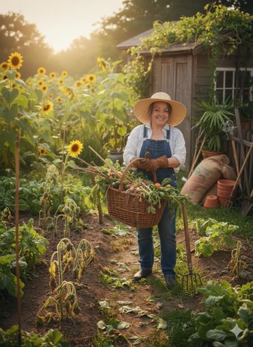 Woman harvesting vegetables in a garden during golden hour.
