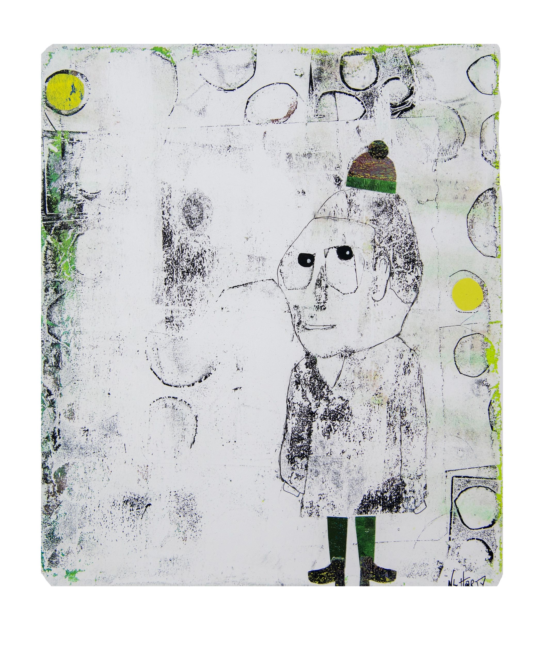 mixed media- little man with a pom-pom collage hat, legs and boots