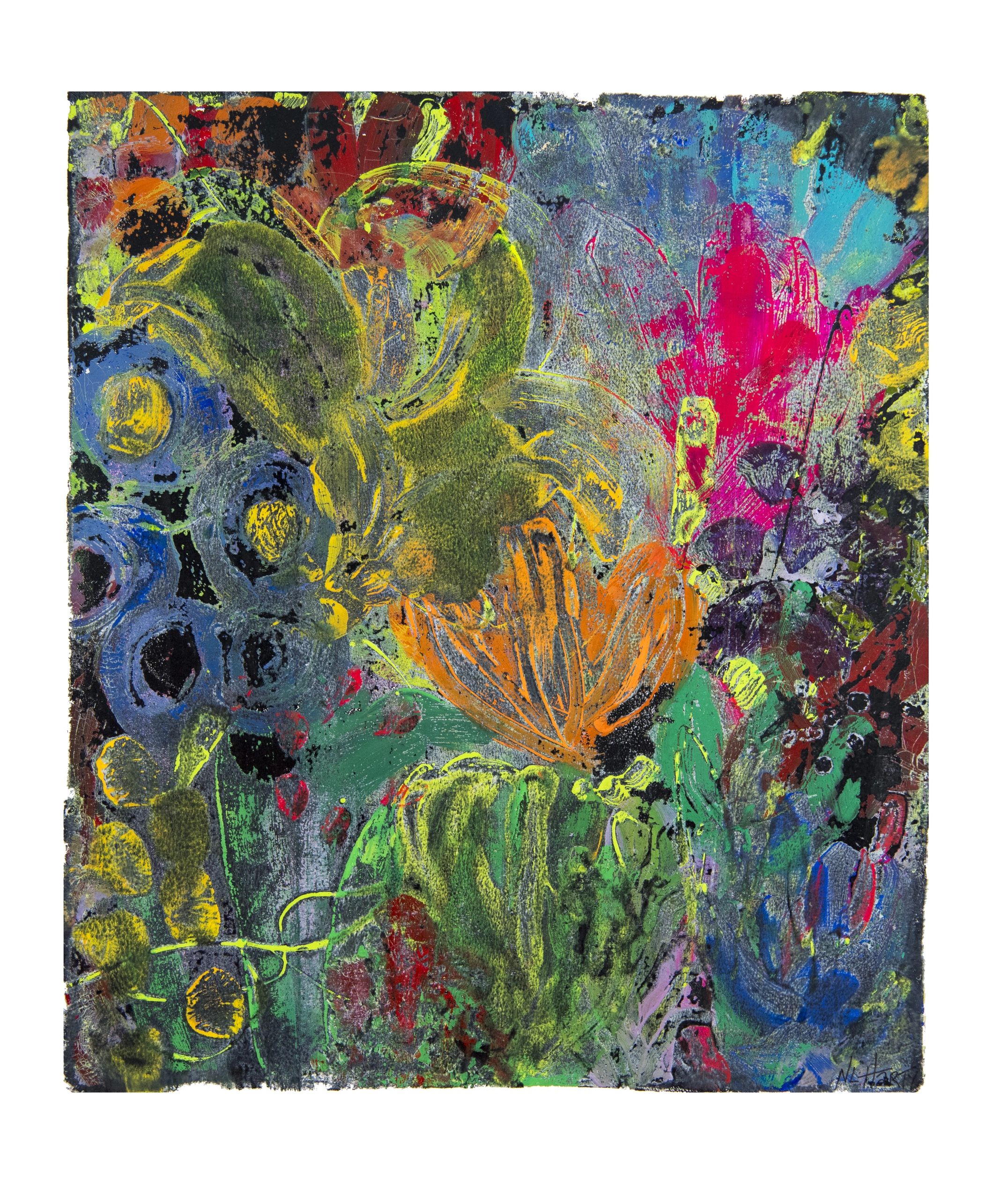 Abstract floral monotype with bright colors and black accents