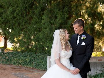 Bride and groom smiling on the wedding day in Canberra.  Sandra Bramble Celebrant