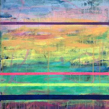 acrylic painting drip graffiti abstract scape blue stripe pink happy pastel spring yellow intuitive 