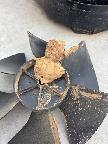 AC fan impaired by mud dauber (bee hive)
