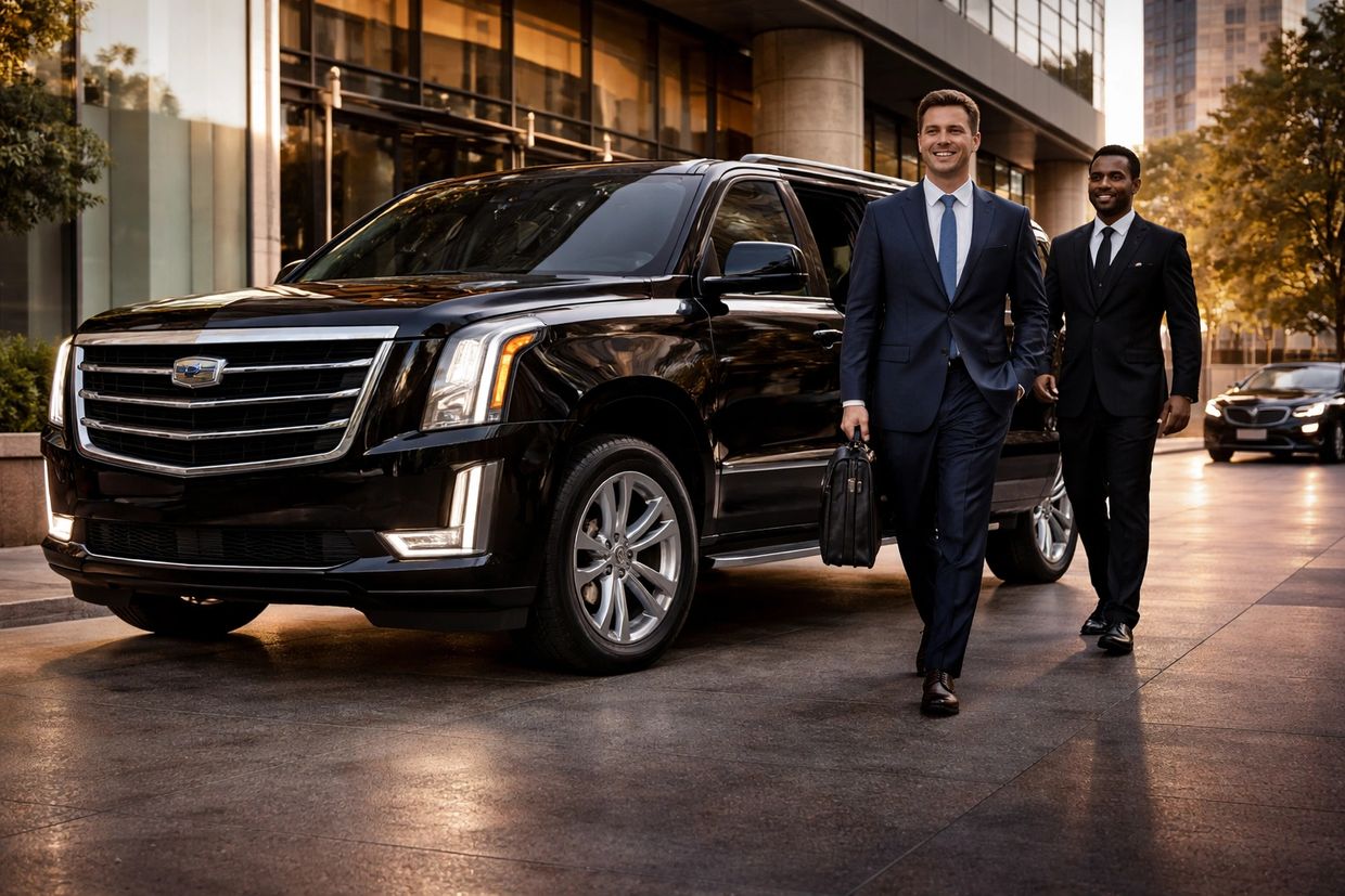 Two businessmen in suits walking confidently in front of a black luxury SUV.