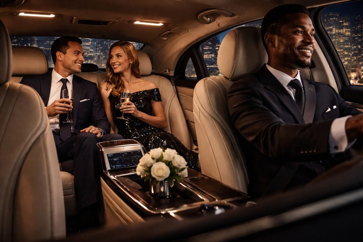 A chauffeur drives a couple enjoying champagne in a luxurious car at night.