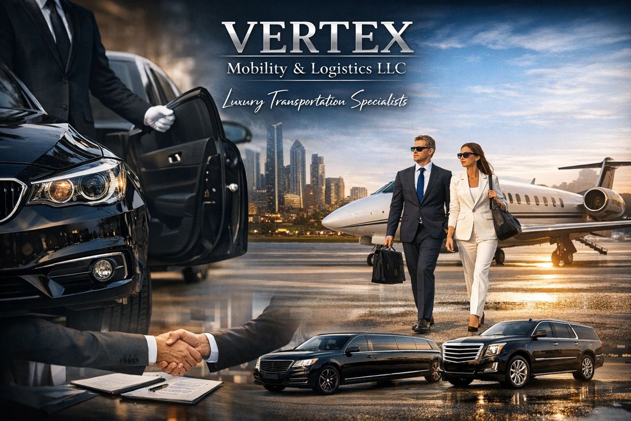 Luxury transportation service with elegant cars, a private jet, and professional chauffeurs.