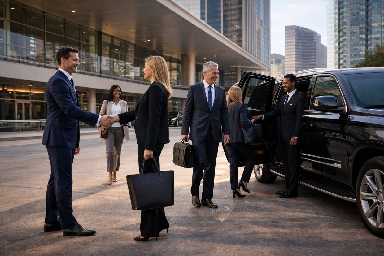 Business professionals greeting and arriving at a corporate building with a luxury car.