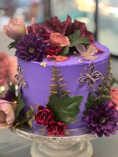 Floral Designed purple Engagement party cake Imagicakes Philadelphia