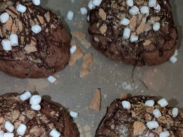 Chocolate cookies topped with marshmallows and chocolate drizzle.