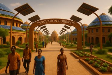 Futuristic innovation corridor with solar panels and people walking.