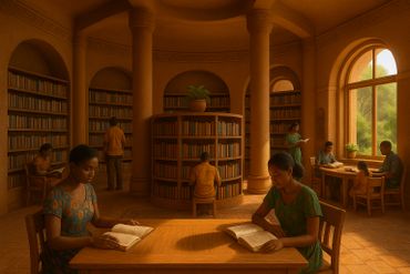 People quietly reading books in a warm, sunlit library with wooden shelves and columns.
