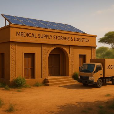 A solar-powered medical supply storage building with a logistics truck parked outside.