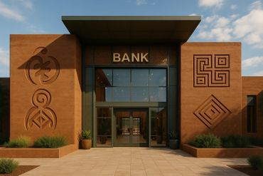 Modern bank entrance with geometric wall carvings and large glass doors.