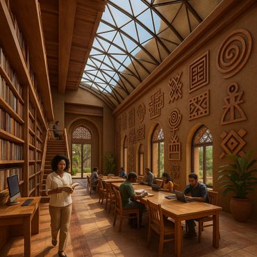 A warm, sunlit library with wooden furniture and cultural wall art.