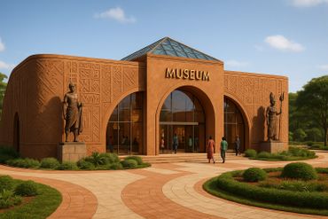 Modern museum entrance with statues and intricate wall carvings.