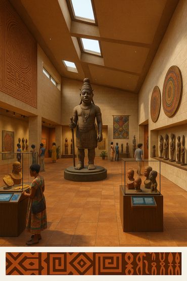 Museum gallery showcasing African sculptures and artifacts with visitors observing exhibits.