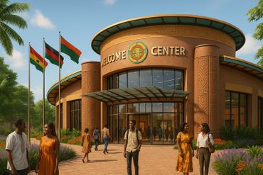 A warm welcome center with people chatting outside under flags.