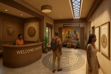 People in a warm, welcoming cultural center with artwork and an orientation room.