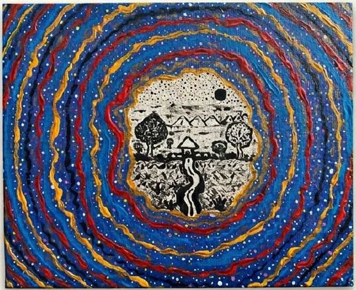 Abstract painting with concentric colorful rings surrounding a black and white village scene.