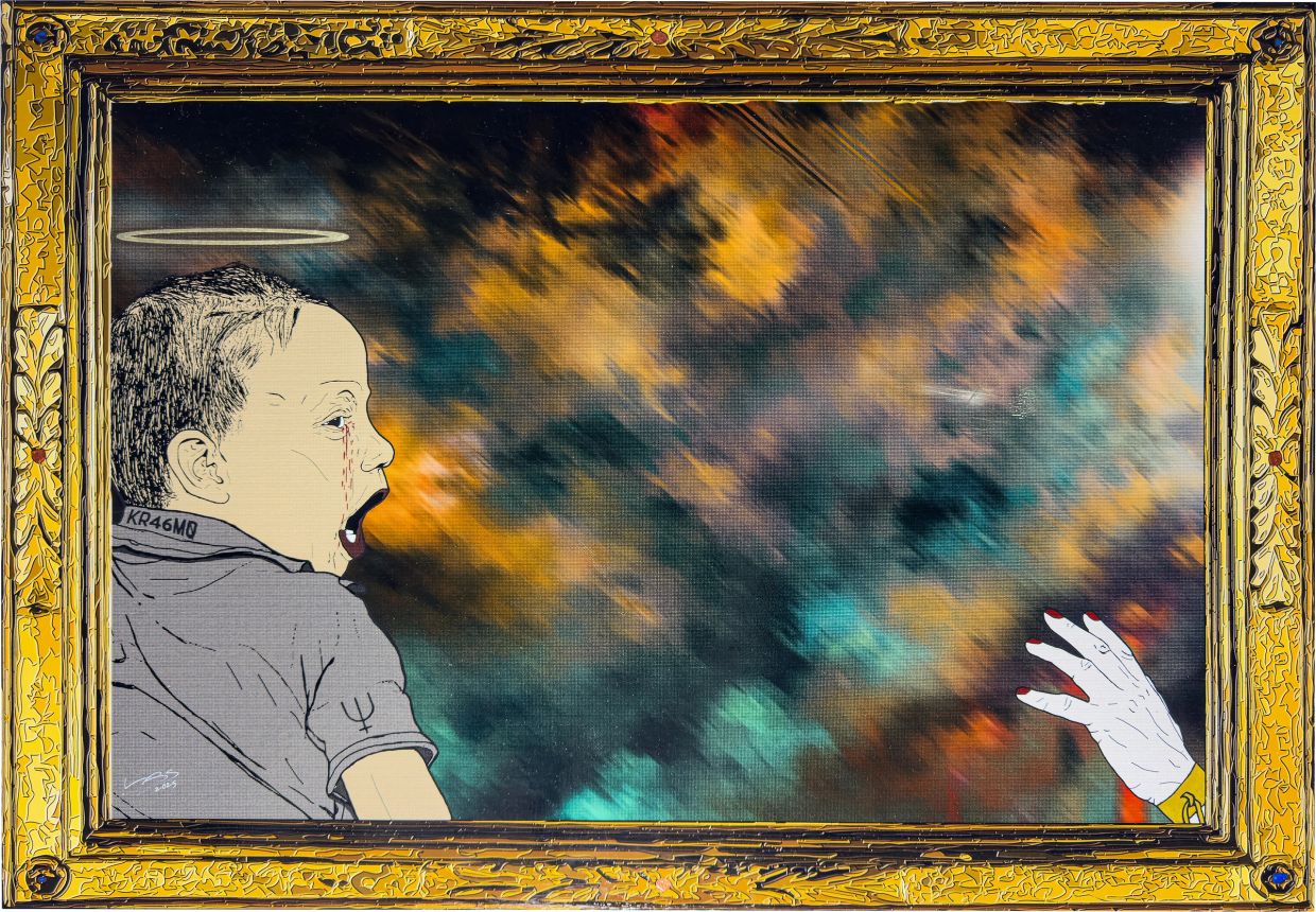 Child with a halo and bleeding tears in a gold frame with an outstretched hand.