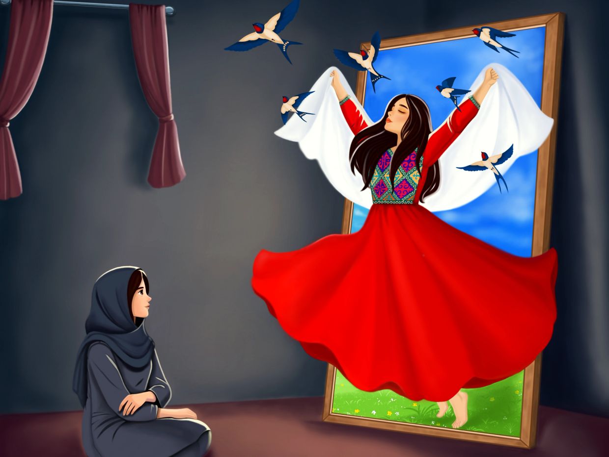 Woman in dark clothes watching a vibrant, dancing woman in a frame with birds.