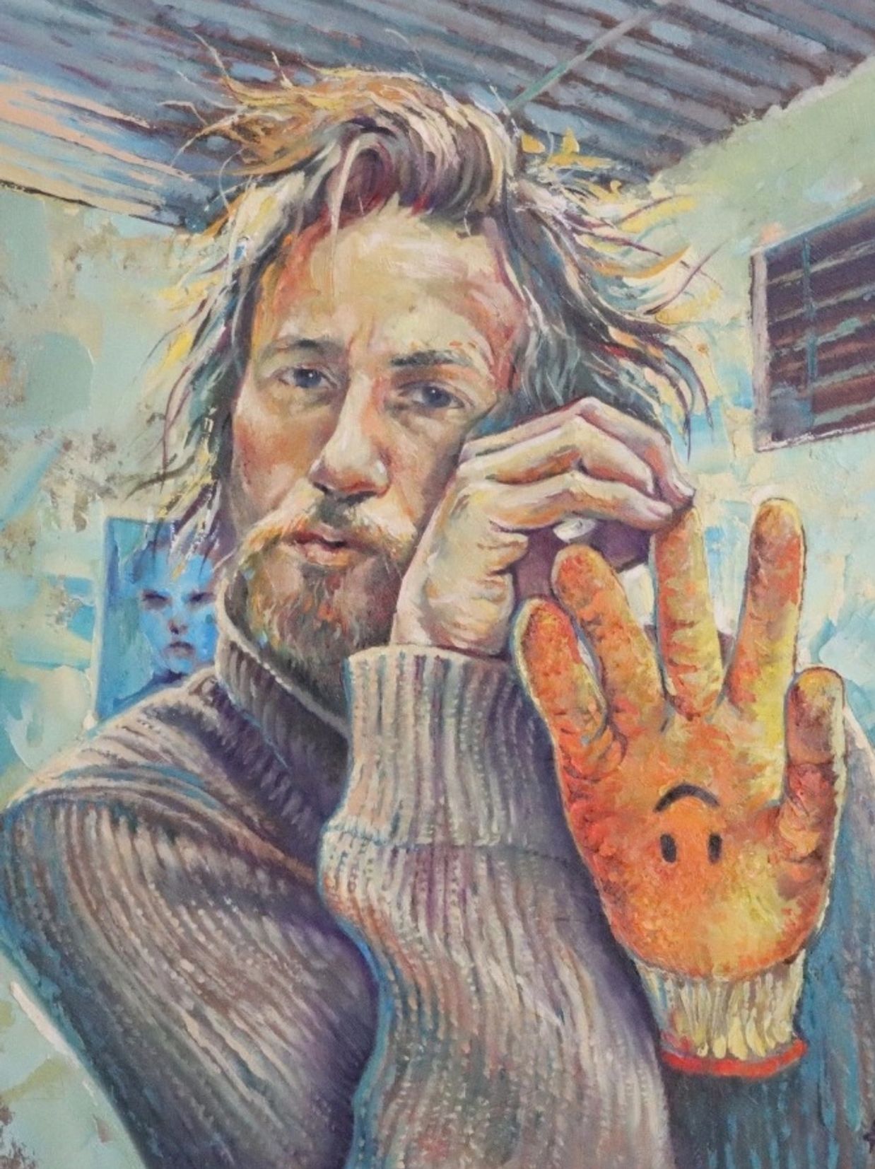 Painting of a man with a glove smiling.