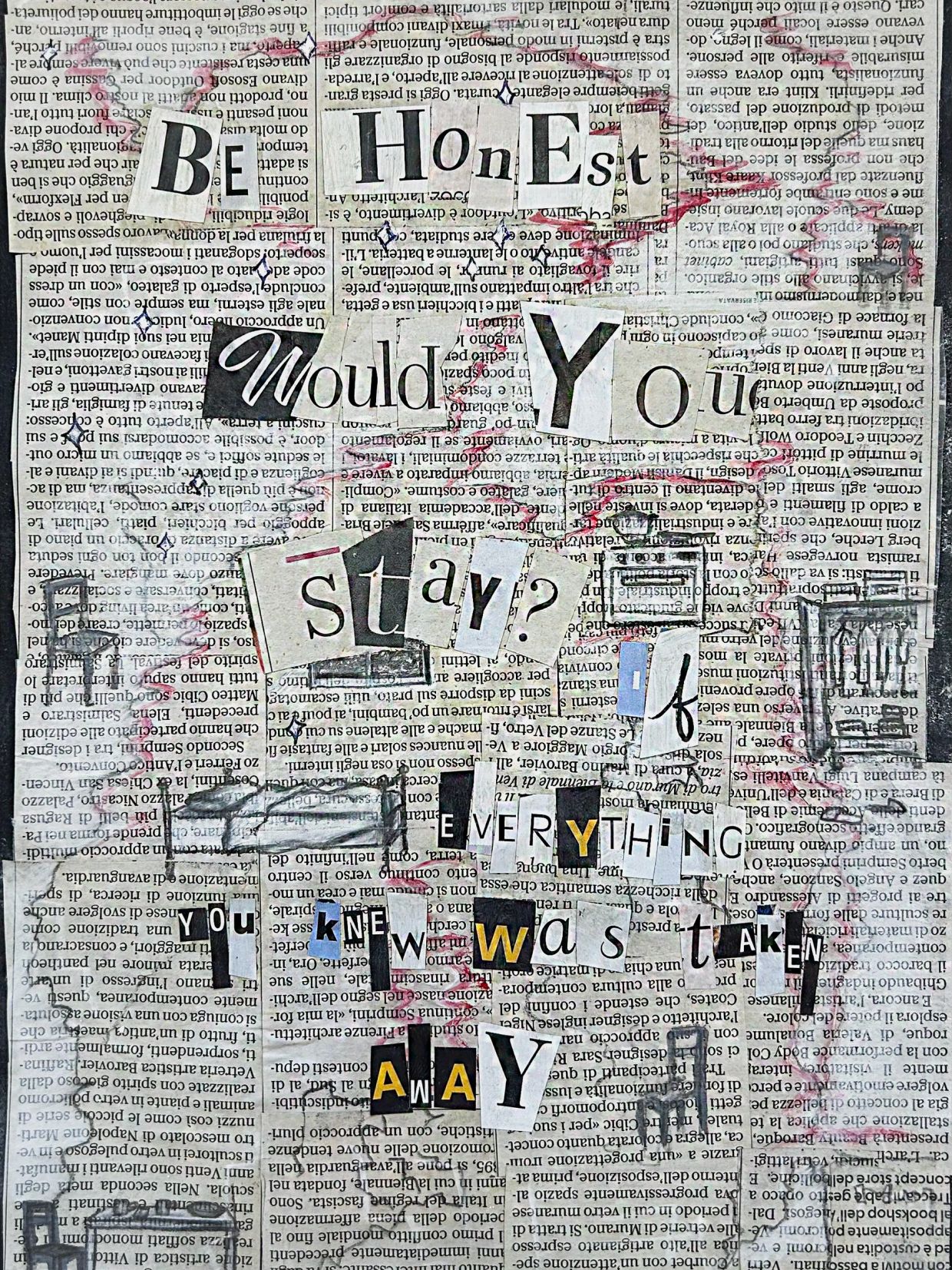 Mixed-font ransom note-style text on newspaper background.