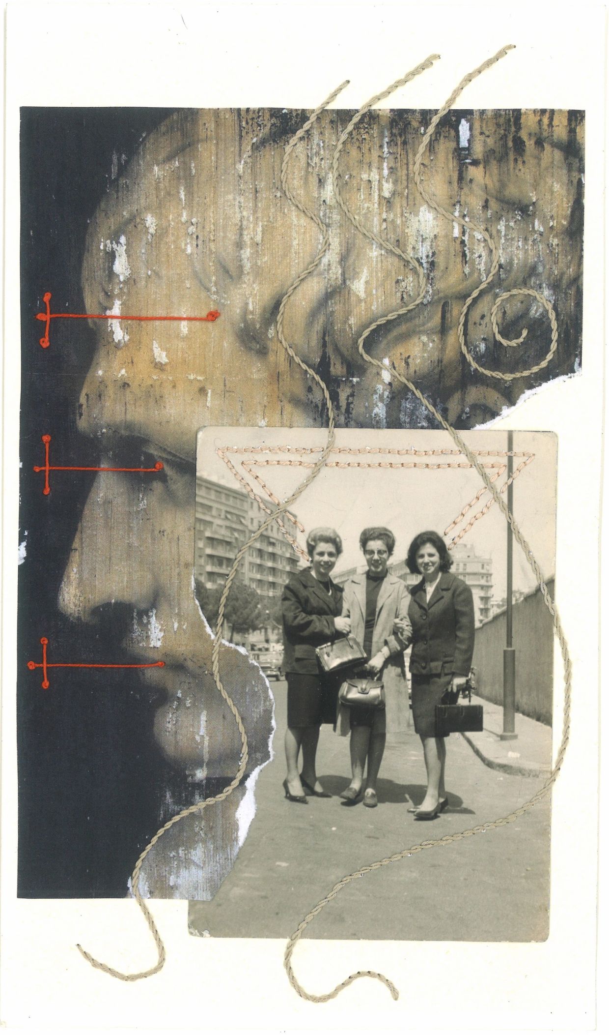 Vintage photo collage with three women and artistic embroidery.