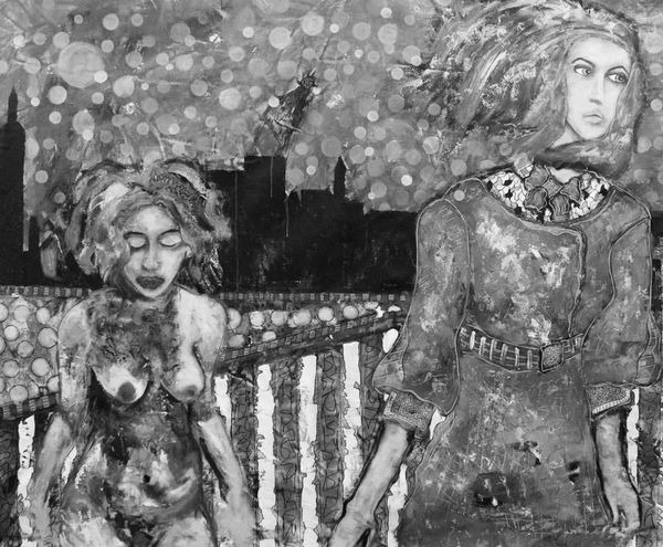 Black and white painting of two women against a cityscape.