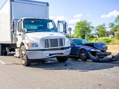 Large truck collision with car on highway, heavy damage to car