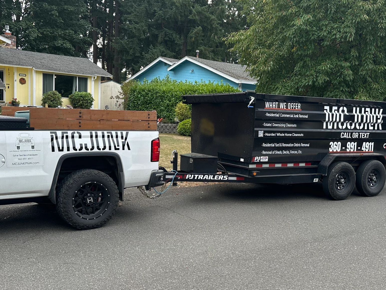 Junk removal hauling equipment. Truck and dump trailer