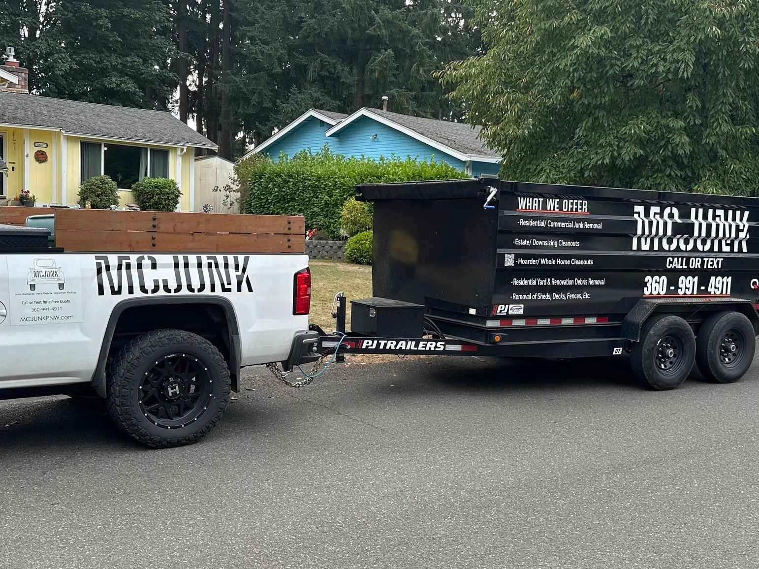 Junk removal hauling equipment. Truck and dump trailer