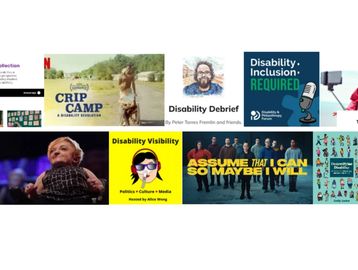 Collage of disability media and resources, including films, podcasts, books, and advocacy campaigns.