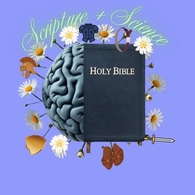 A brain and Holy Bible intertwined with flowers and armor, symbolizing Scripture and Science.
