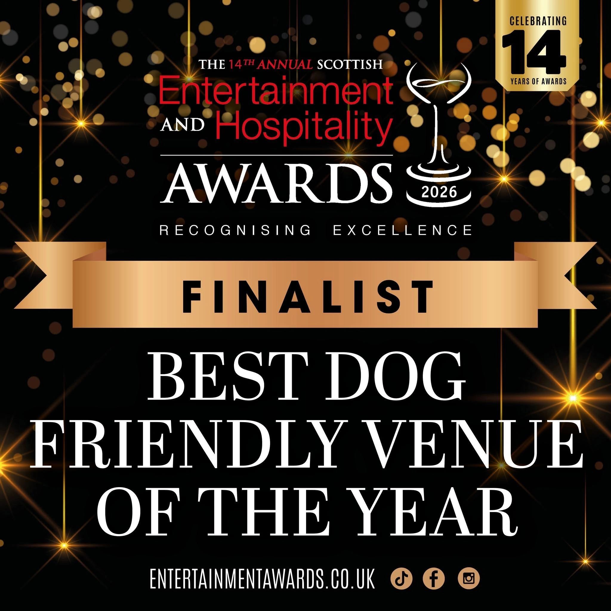 Scottish Entertainment and Hospitality Awards finalist announcement for Best Dog Friendly Venue of the Year.