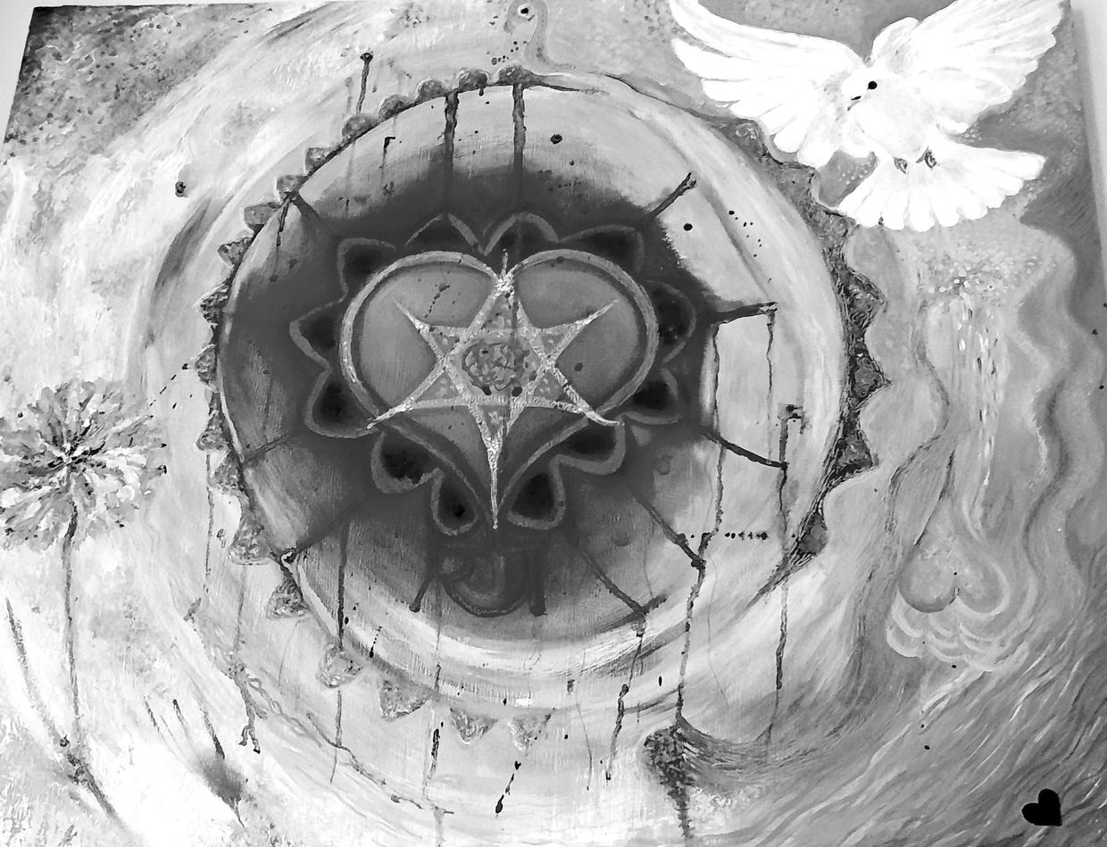 black and white image featuring heart shape and bird
