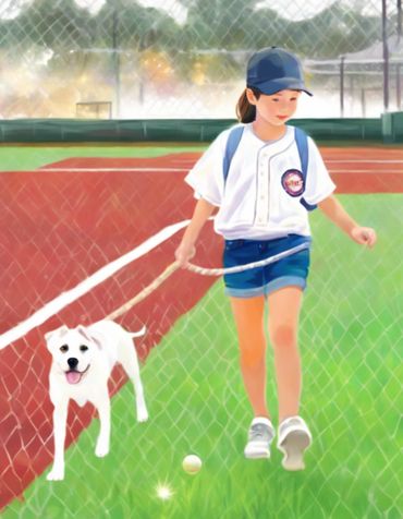 A girl in a baseball uniform walking a happy white dog on a field.