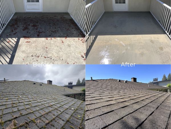 Before and after cleaning of a porch floor and a rooftop.