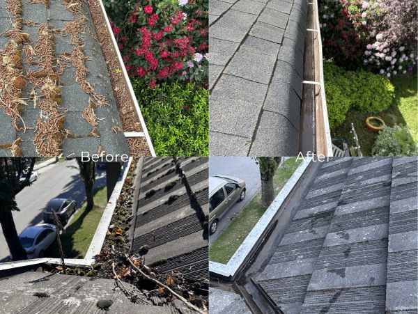 Before and after images of gutter cleaning and roof maintenance.
