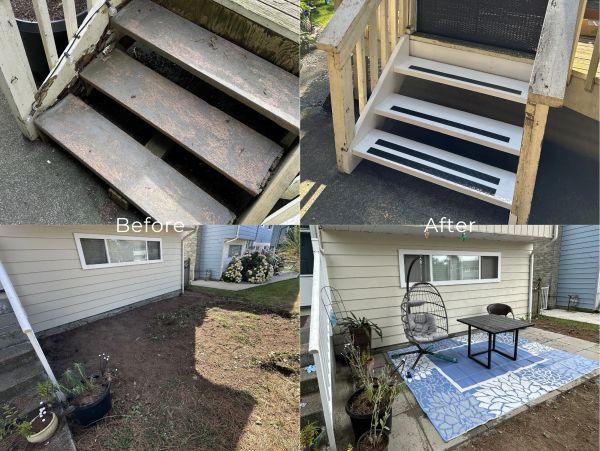 Before and after transformation of outdoor stairs and patio area.