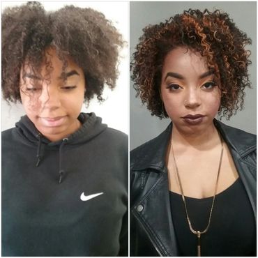 before and after curly hair with color transformation copper highlights