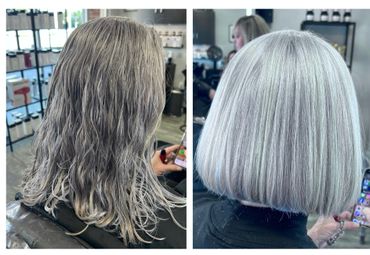 before and after long grey hair cut into blunt Vidal Sassoon bob
