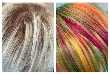 before and after of blonde hair that is colored to a mealy of colors green, orange, yellow, and red