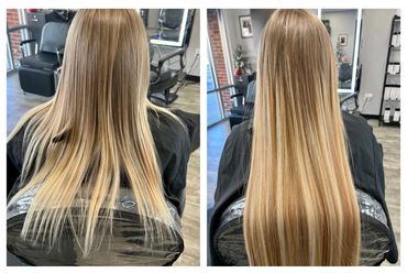 before and after picture of great lengths hair extensions. multi
dimensional blonde longer and thick