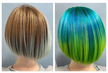 hair color before and after blonde hair to turquoise and lime green color