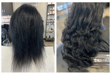 Before and after Great Lengths hair extension transformation from thin black hair to long thick curly black hair