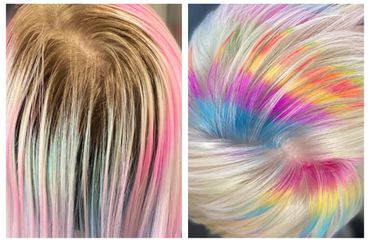 Before and after of hair color transformation blonde hair with pixelated rainbow colors