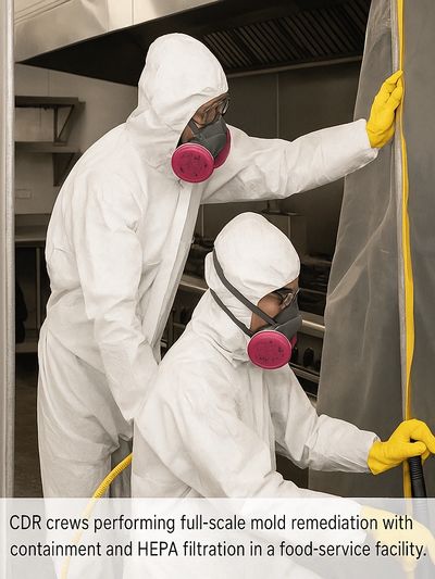 Technicians in PPE performing mold remediation in a commercial kitchen using HEPA filtration.