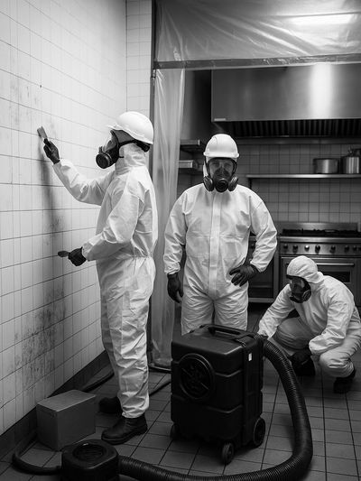 Technicians in PPE containing and removing mold in a commercial kitchen.
