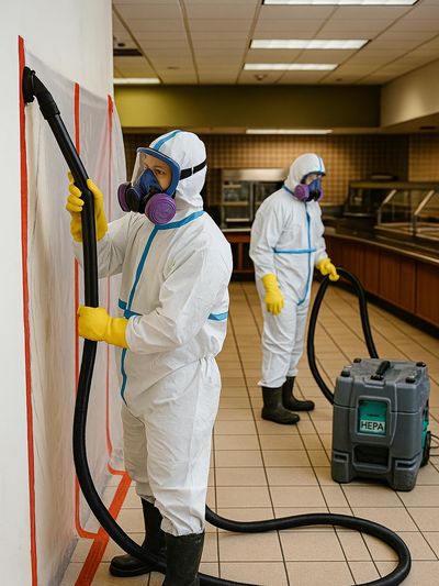 Large restaurant undergoing mold cleanup with containment walls and drying equipment.