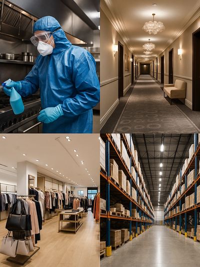 Full color collage featuring CDR mold remediation in restaurants, hotels, and industrial sites.